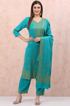 Turquoise Art Silk Straight Suit Set image number 0
