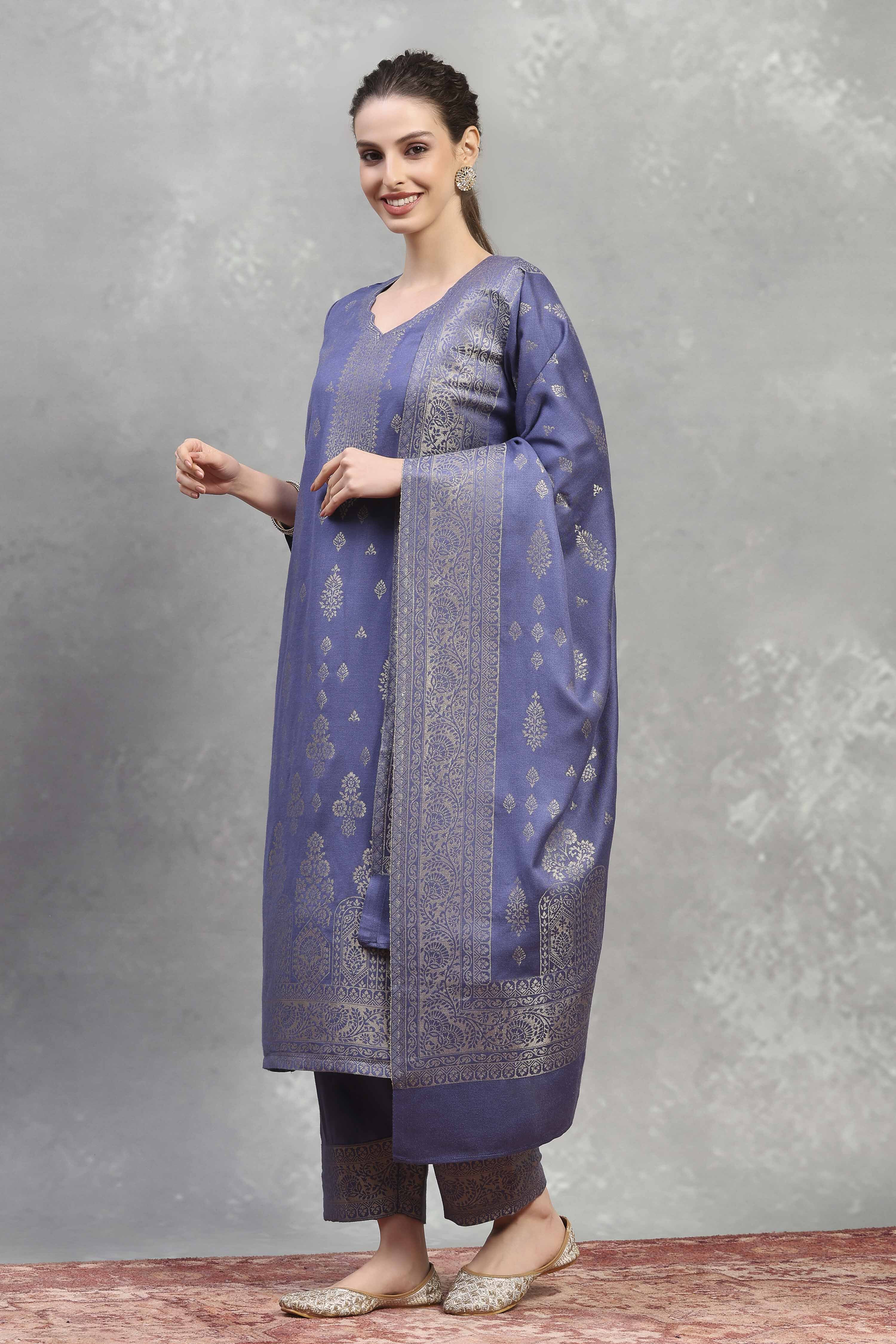 Blue Polyester Yarndyed Straight Suit Set image number 3