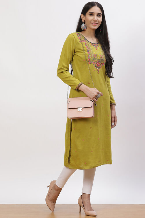 Olive Green Acrylic Straight Kurta image number 4