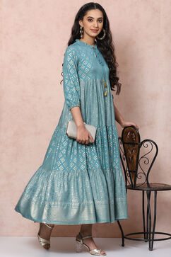 Green Viscose Rayon Tiered Dress image number 5