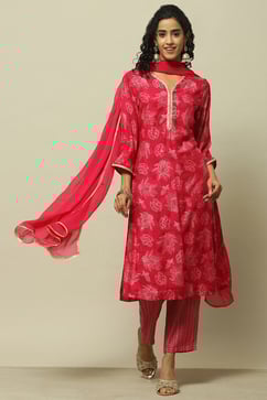Pink Printed Straight Kurta & Pants Suit Set image number 7