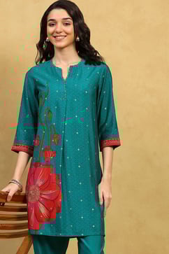 Teal Viscose Blend Printed Straight Kurta Pants Set image number 7