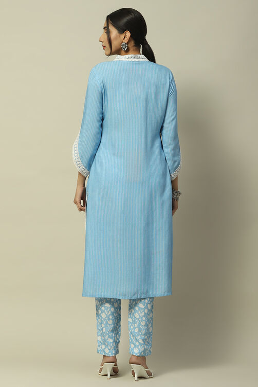 Pastel Blue Rayon Straight Suit Set image number 5