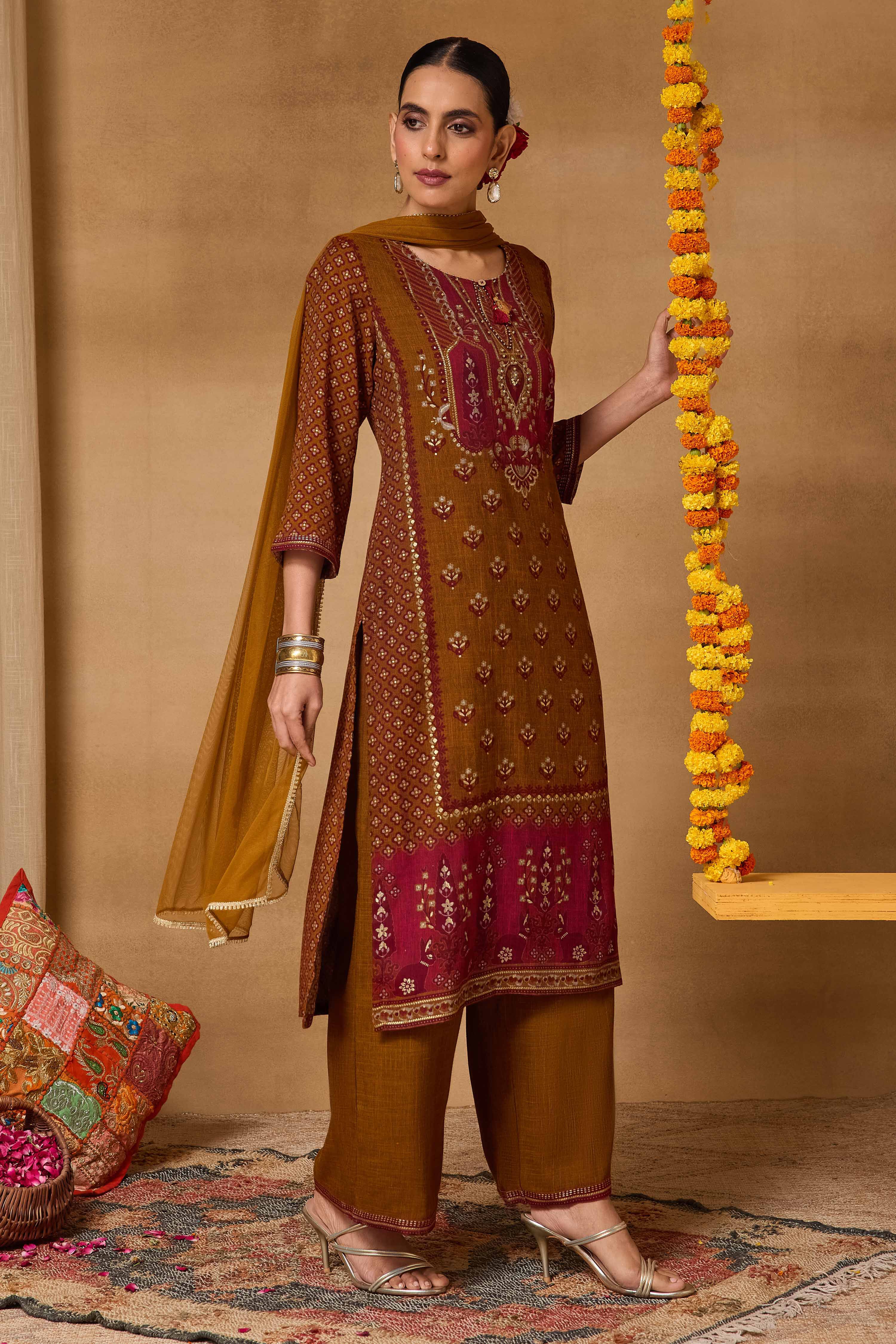 Mustard Viscose Blend Straight Printed Suit Set image number 6