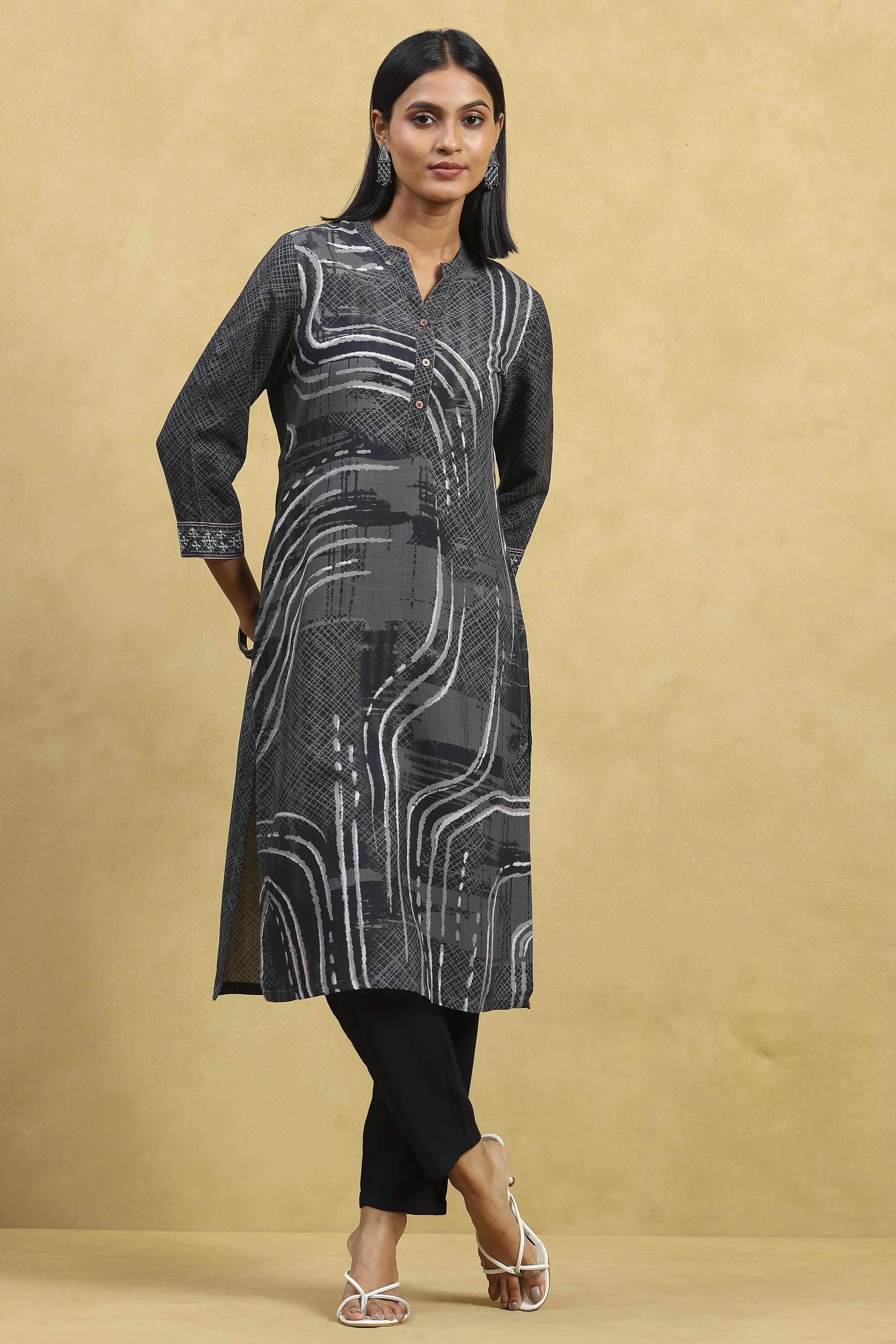 Grey Viscose Rayon Printed Straight Kurta image number 0