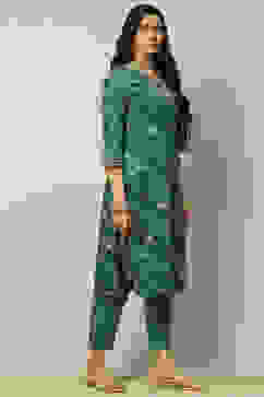 Teal Blue Cotton Straight Printed Kurta Pants Set image number 5