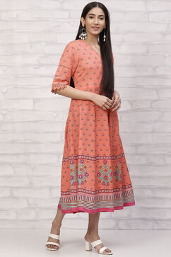 Orange LIVA Kalidar Kurta Dress image number 3