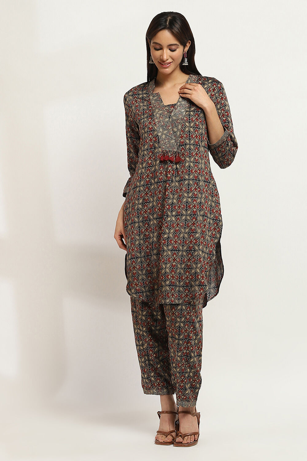 Navy Blue Printed Straight Co-ord Set image number 0