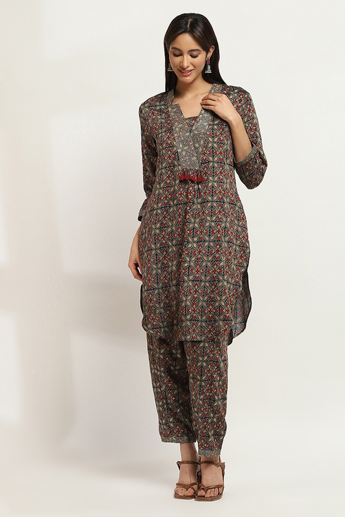 Navy Blue Printed Straight Co-ord Set image number 0