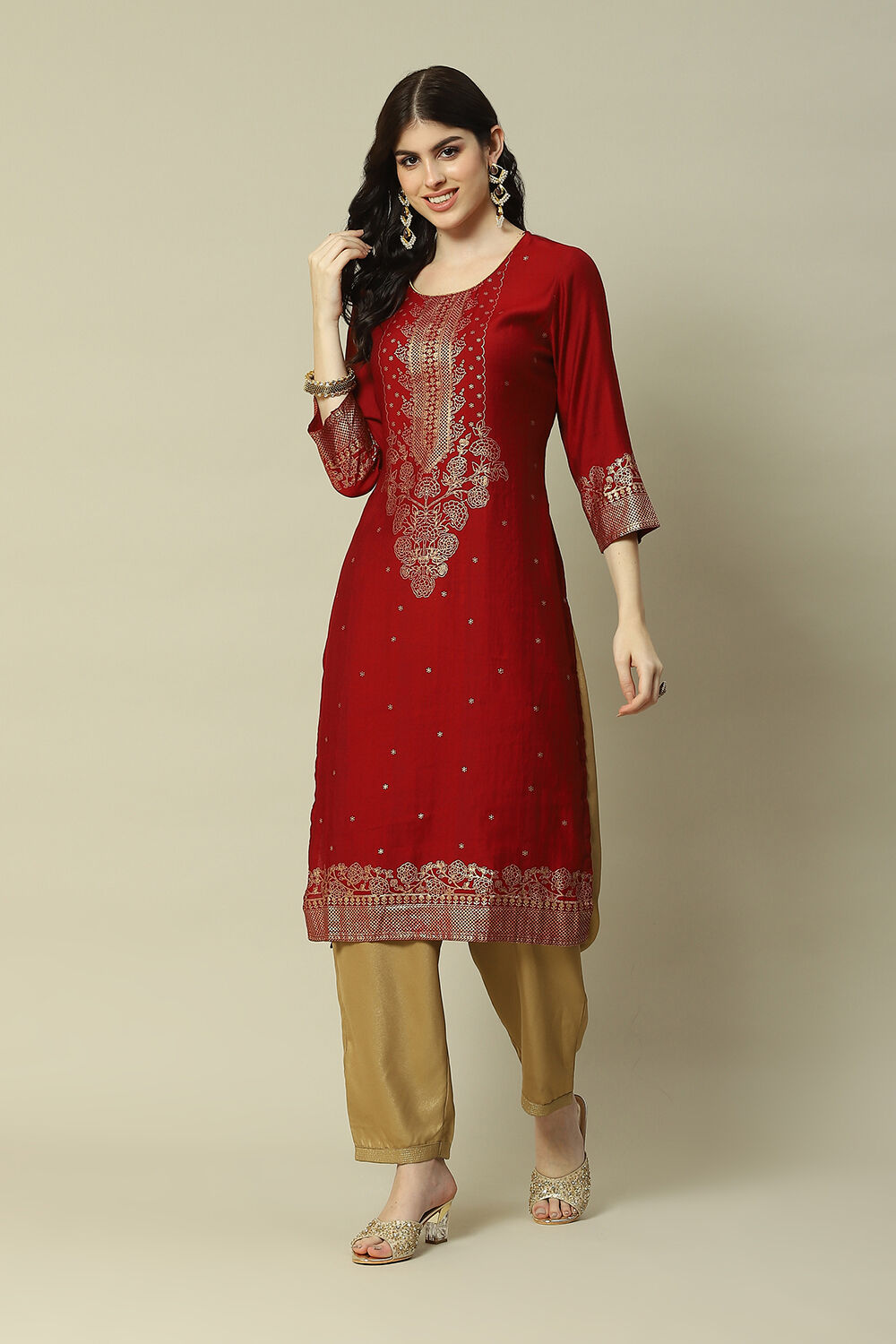 Maroon LIVA Straight Printed Kurta image number 2