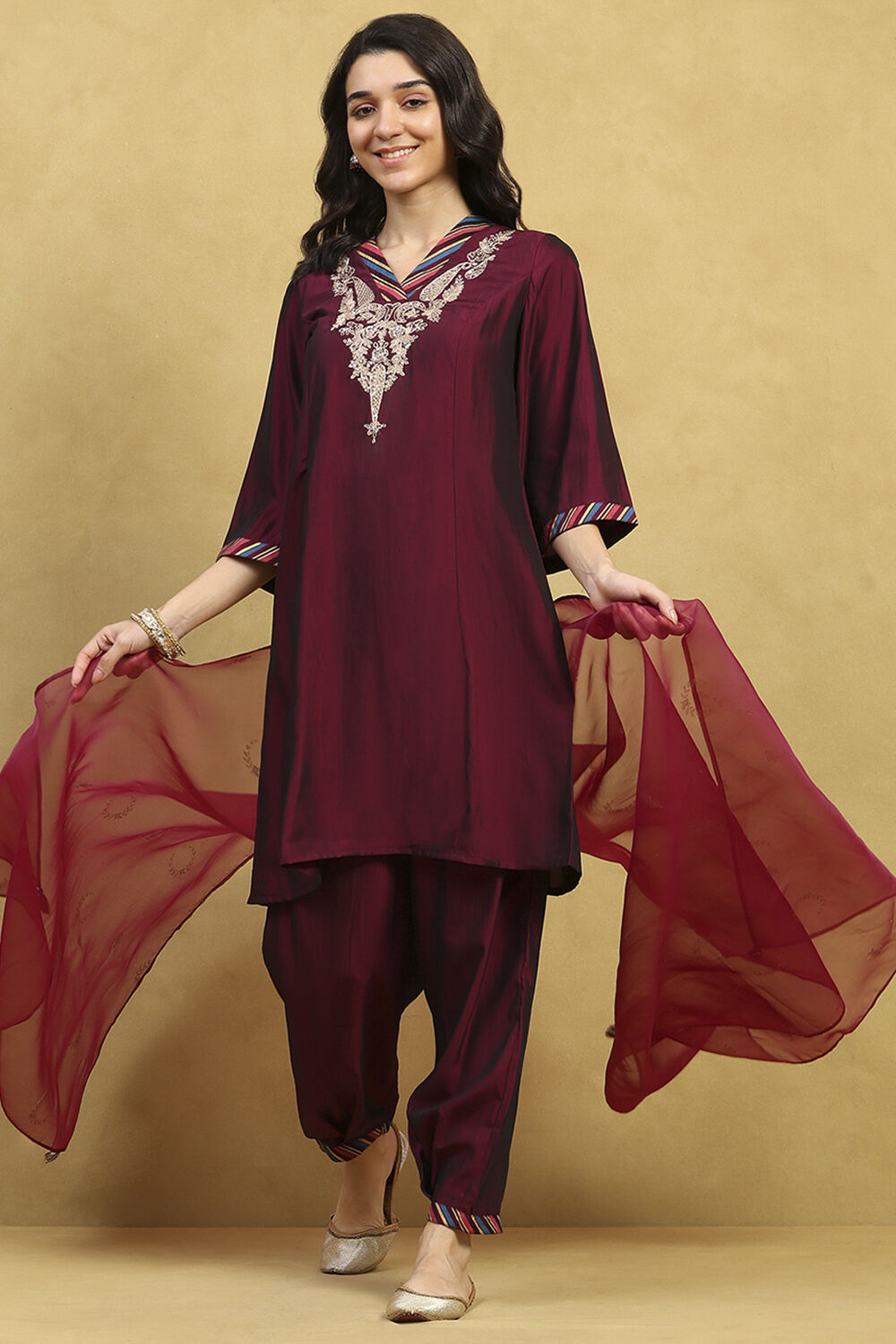 Wine Polyester Blend Embroidered A-Line Suit Set image number 0