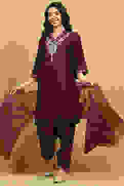 Wine Polyester Blend Embroidered A-Line Suit Set image number 0