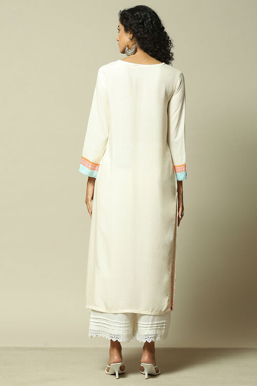 Off White LIVA Straight Printed Kurta image number 3