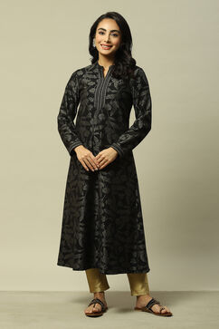 Black Cotton Blend Straight Printed Dress image number 5