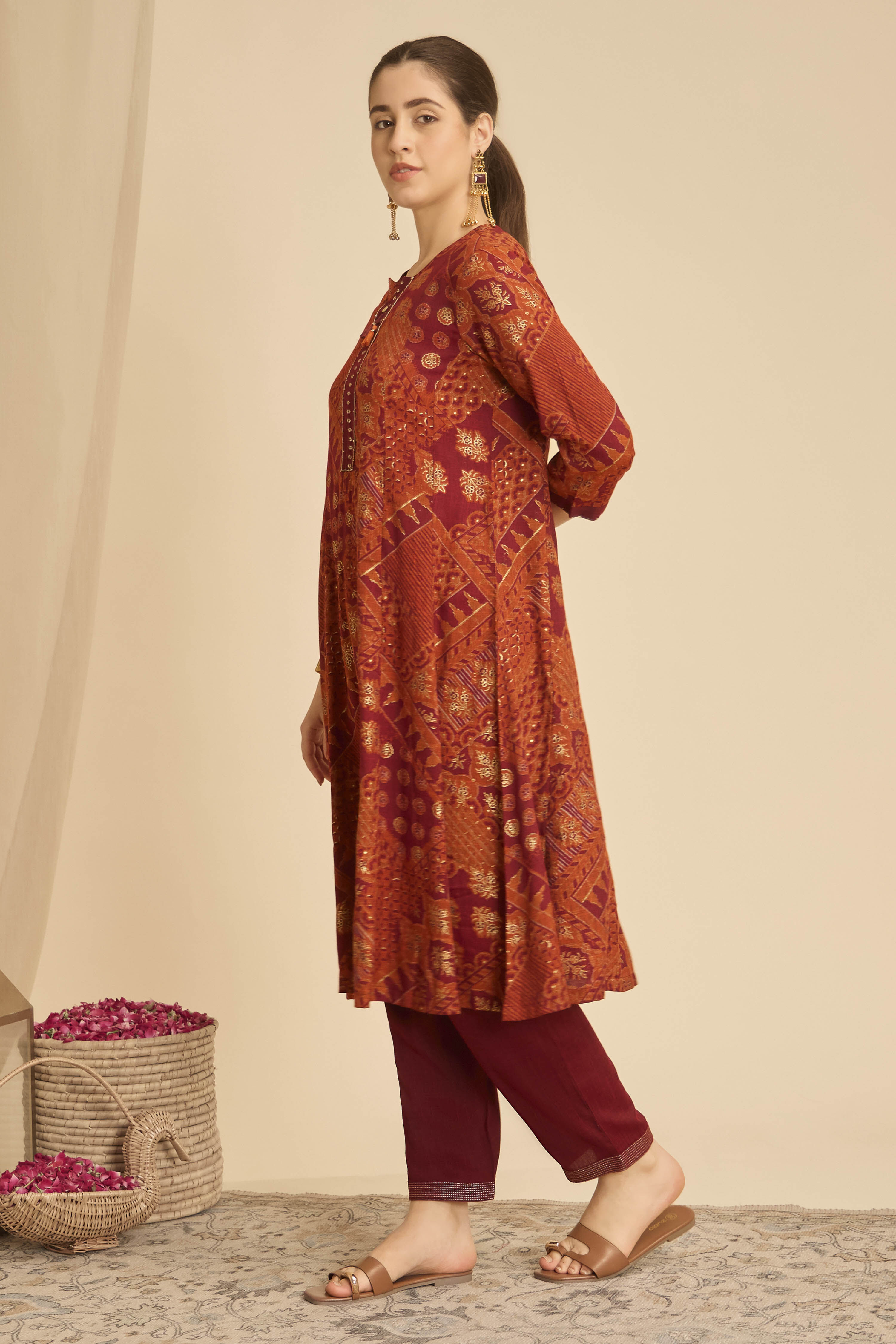 Orange Viscose Blend Straight Printed  image number 3