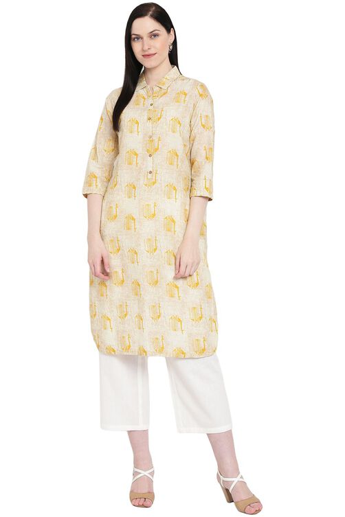 Beige Cotton Straight Kurta image number 0