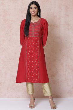 Red Cotton Flax A Line Kurta image number 0