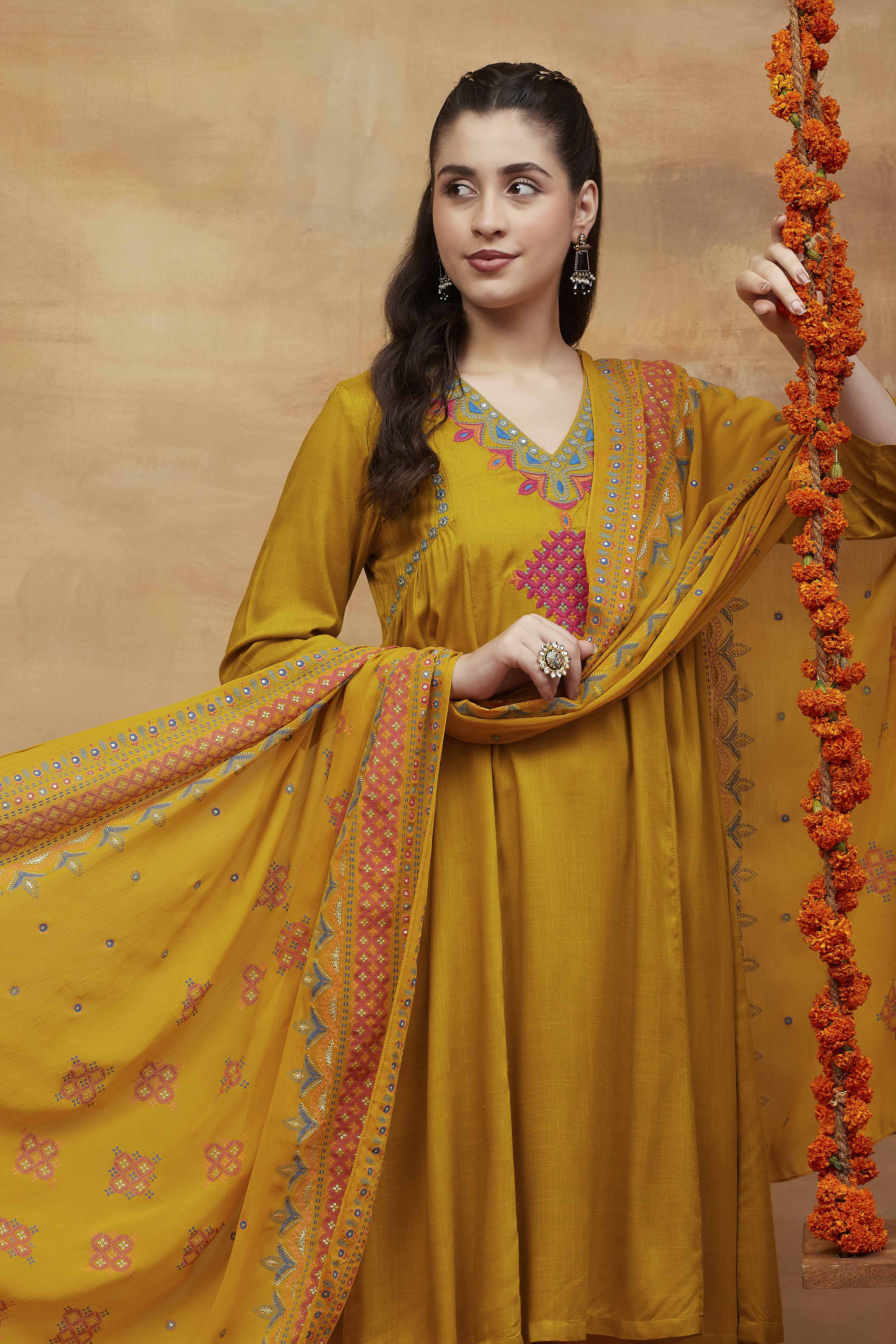 Yellow Viscose Rayon A-Line Solid  image number 1