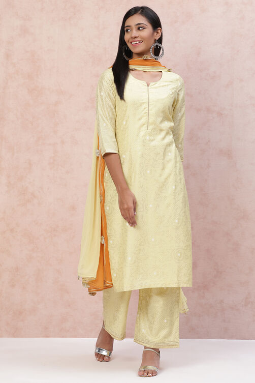 Lemon Polyester Chanderi Straight Suit Set image number 0