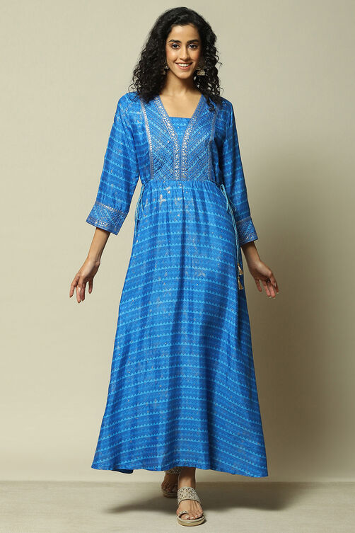 Blue LIVA Flared Printed Dress image number 5