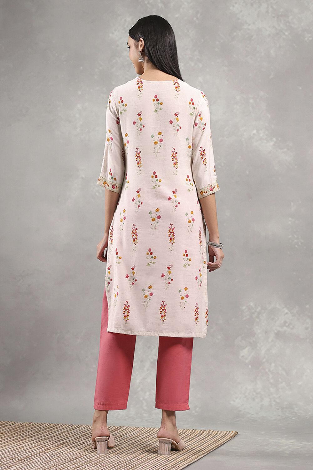 Off-White Printed Straight Kurta image number 3