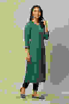 Teal Blue LIVA Straight Printed Kurta image number 4