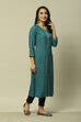 Teal Blue LIVA Straight Printed Kurta image number 4