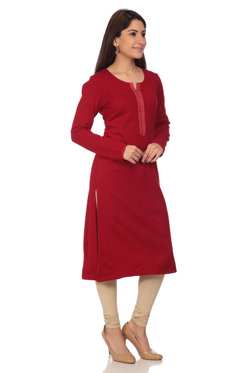 Red Straight Poly Cotton Kurta image number 3