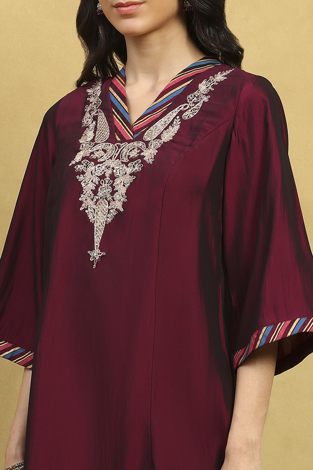 Wine Polyester Blend Embroidered A-Line Suit Set image number 1