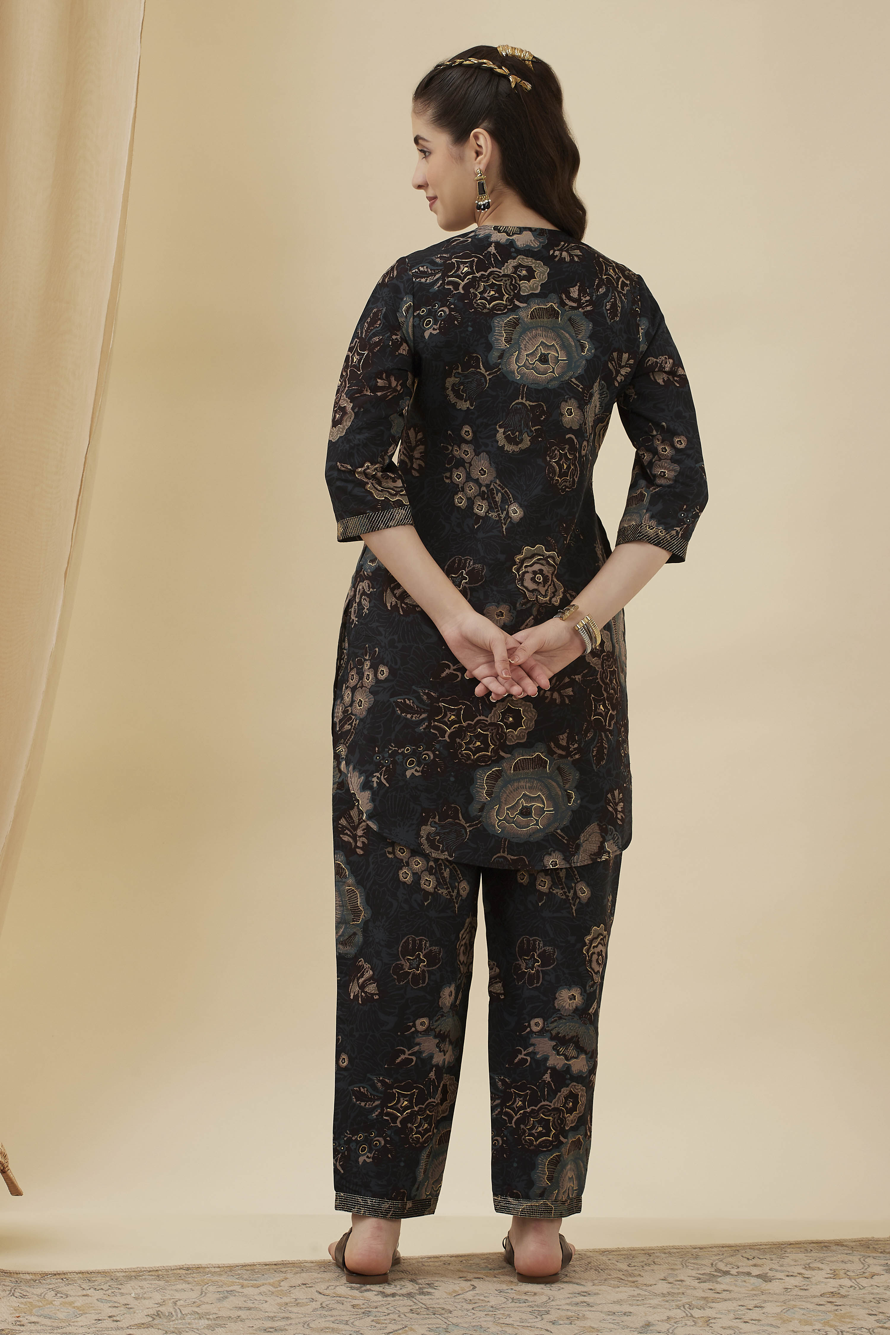 Navy Viscose Blend Printed Straight Kurta Set image number 5