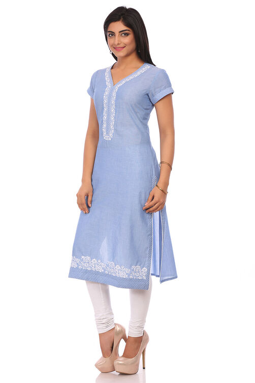 Blue Cotton Straight Kurta image number 3