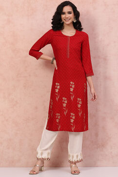 Red LIVA Straight Kurta image number 0