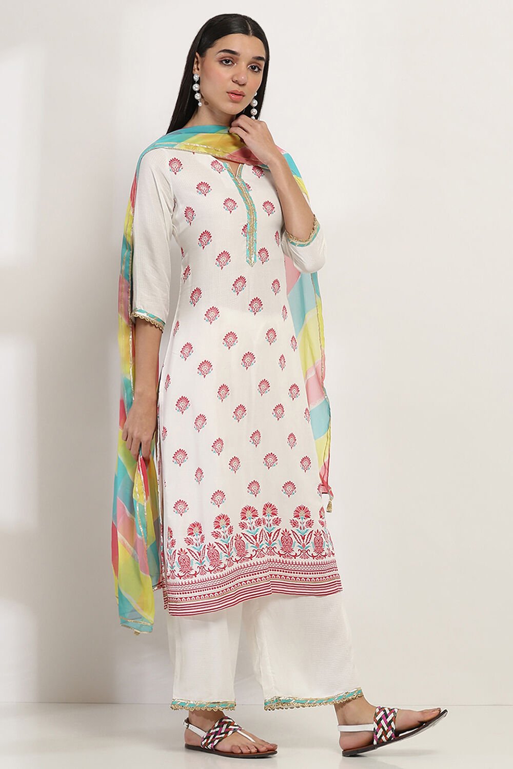 White Printed Straight Suit Set image number 5