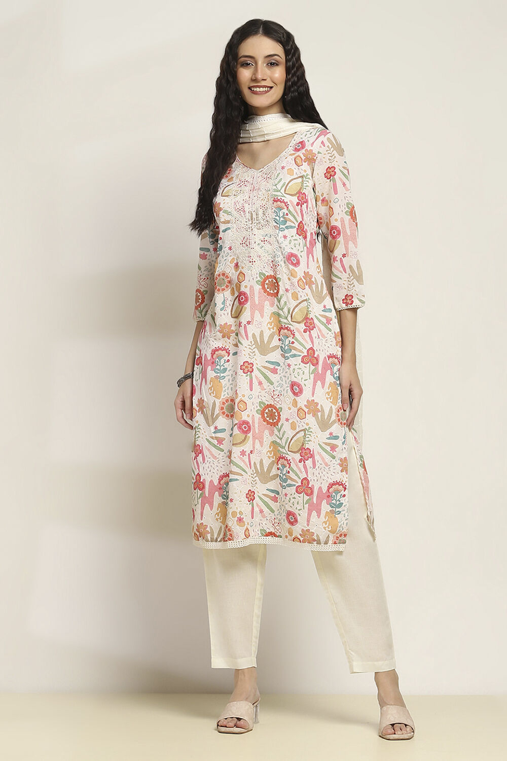 Off-White Cotton Floral Straight Suit Set image number 6