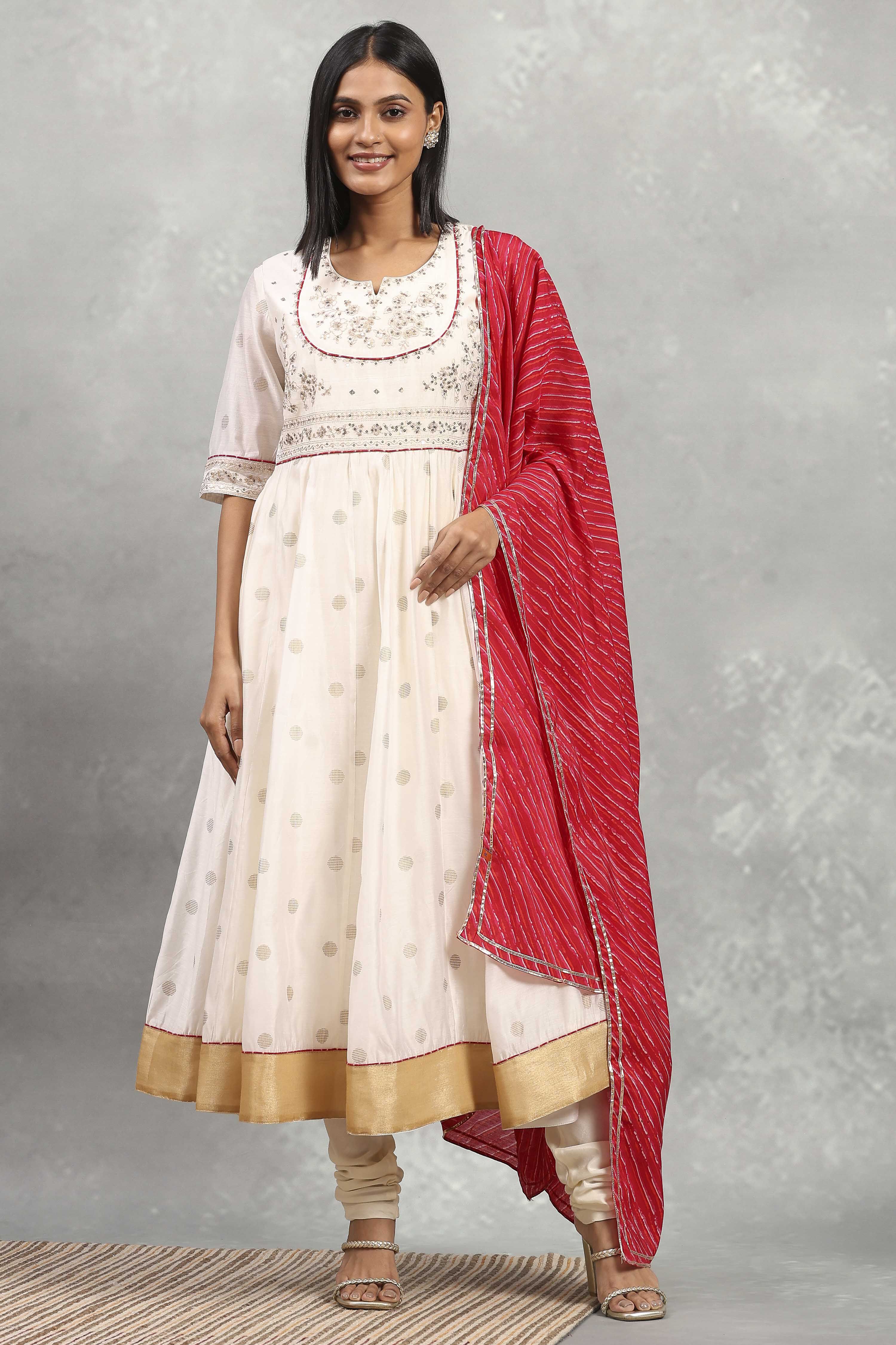 Off White Viscose Blend Printed Kalidar Suit Set image number 6