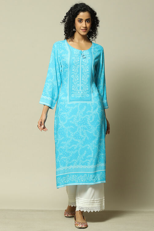 Aqua Blue LIVA Straight Printed Kurta image number 5