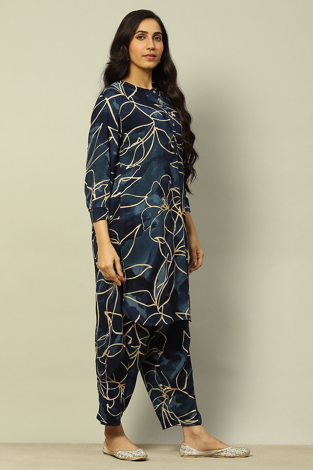 Navy Blue Floral Printed Straight Co-ord Set image number 5