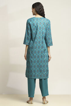 Teal Viscose Rayon Printed Straight Kurta Pants Set image number 4