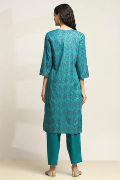 Teal Viscose Rayon Printed Straight Kurta Pants Set image number 4