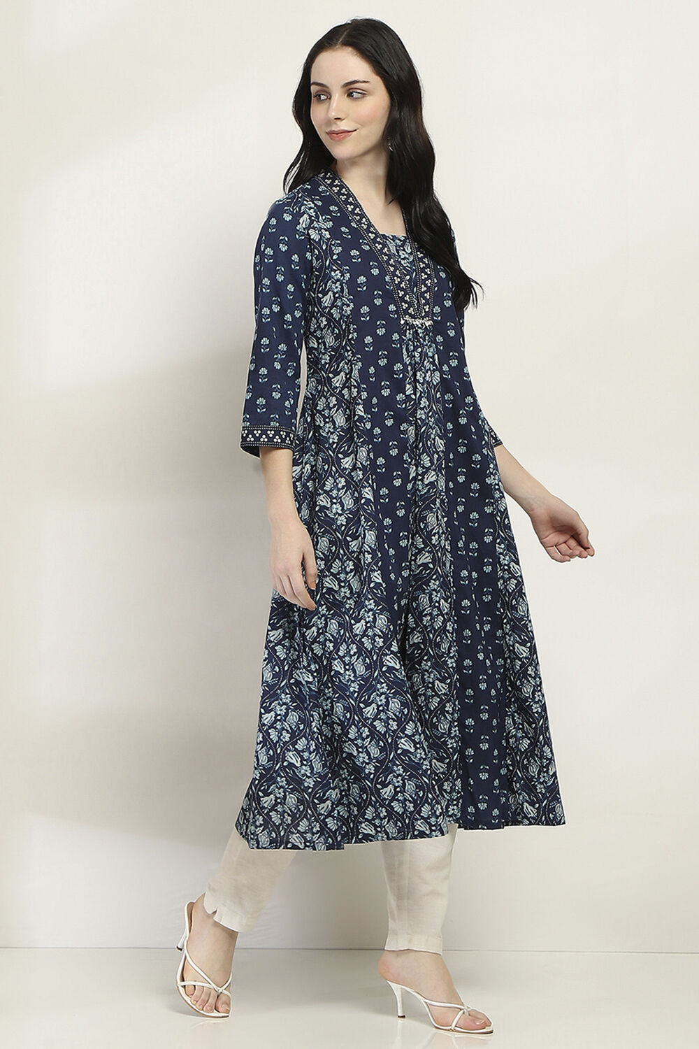 Indigo Cotton Printed A-Line Kurta image number 4