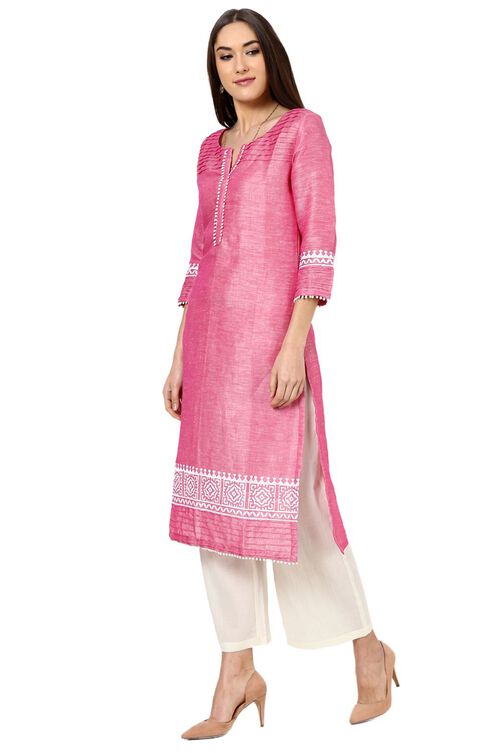 Pink Straight Poly Cotton Kurta image number 5