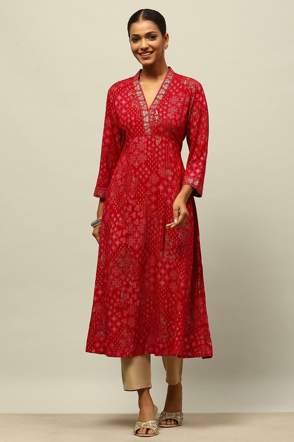 Magenta Printed A-line Kurta image number 0
