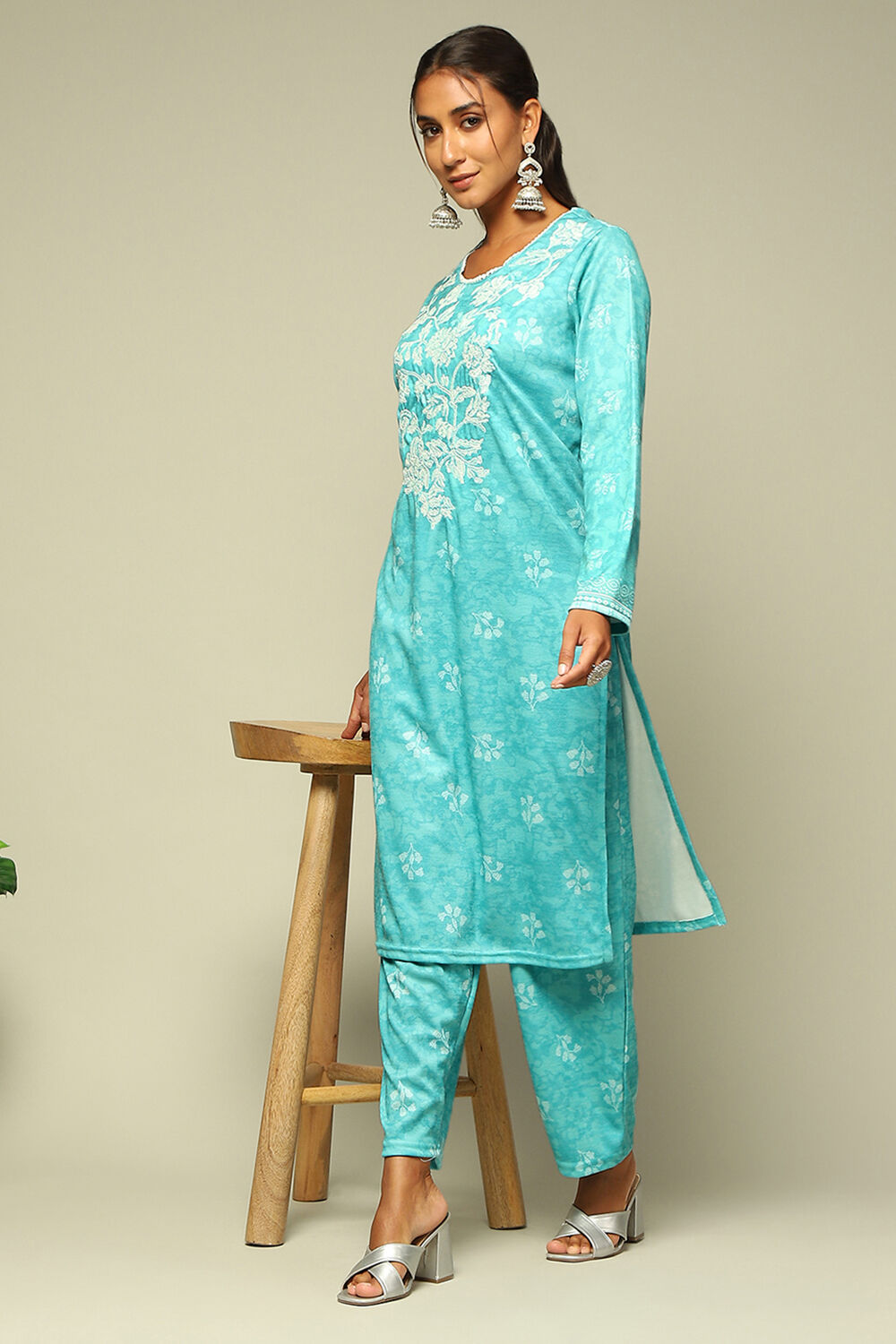 Aqua Blue Polyster Melange Straight Printed Kurta Palazzo Suit Set image number 0