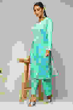 Aqua Blue Polyster Melange Straight Printed Kurta Palazzo Suit Set image number 0
