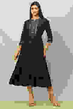 Black Viscose Shantoon Printed Tiered Dress image number 0