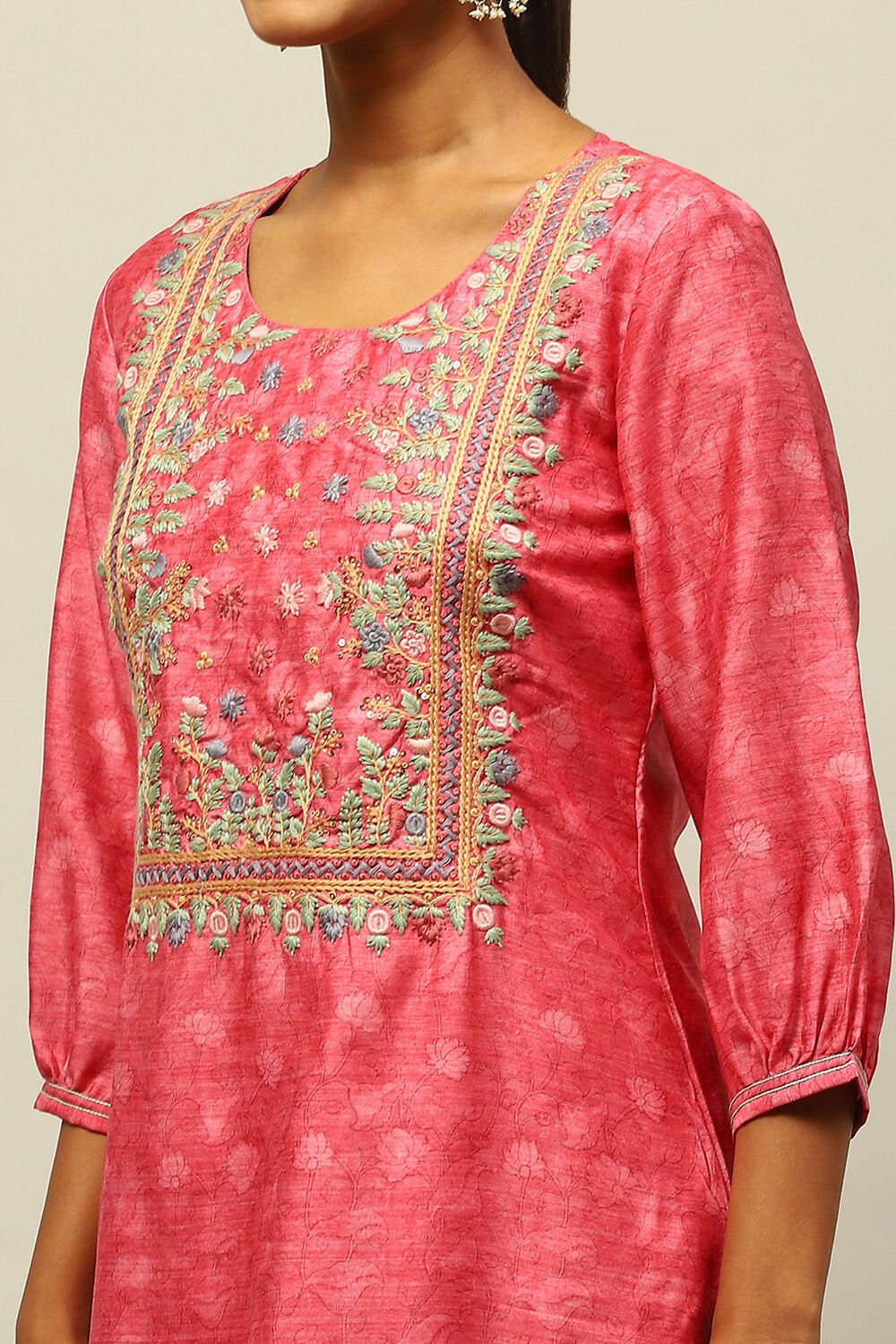 Pink Poly Chanderi Straight Printed Kurta Slim Pants Suit Set image number 1
