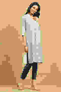 White and Blue Printed Straight Kurta image number 4