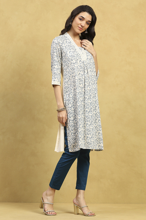 White and Blue Printed Straight Kurta image number 4