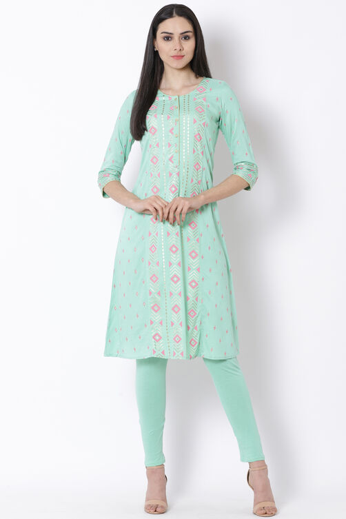 Mint Green Viscose A-Line Kurta image number 2