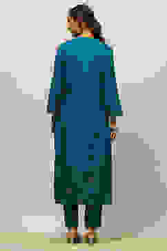 Teal Blue Rayon Straight Printed Kurta Salwar Pants Suit Set image number 4